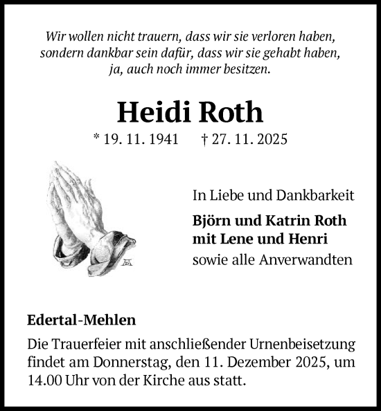 Traueranzeige von Heidi Roth von WLZ