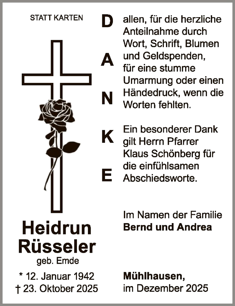  Traueranzeige für Heidrun Rüsseler vom 06.12.2025 aus WLZ