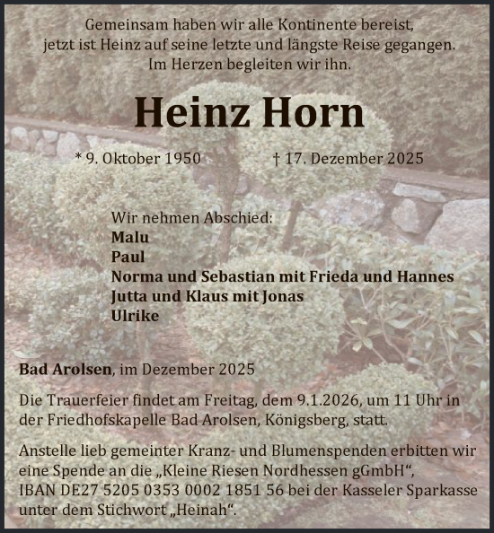 Traueranzeige von Heinz Horn von WLZ