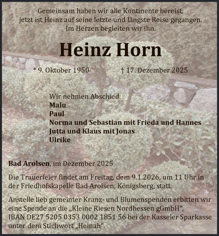  Traueranzeige für Heinz Horn vom 27.12.2025 aus WLZ