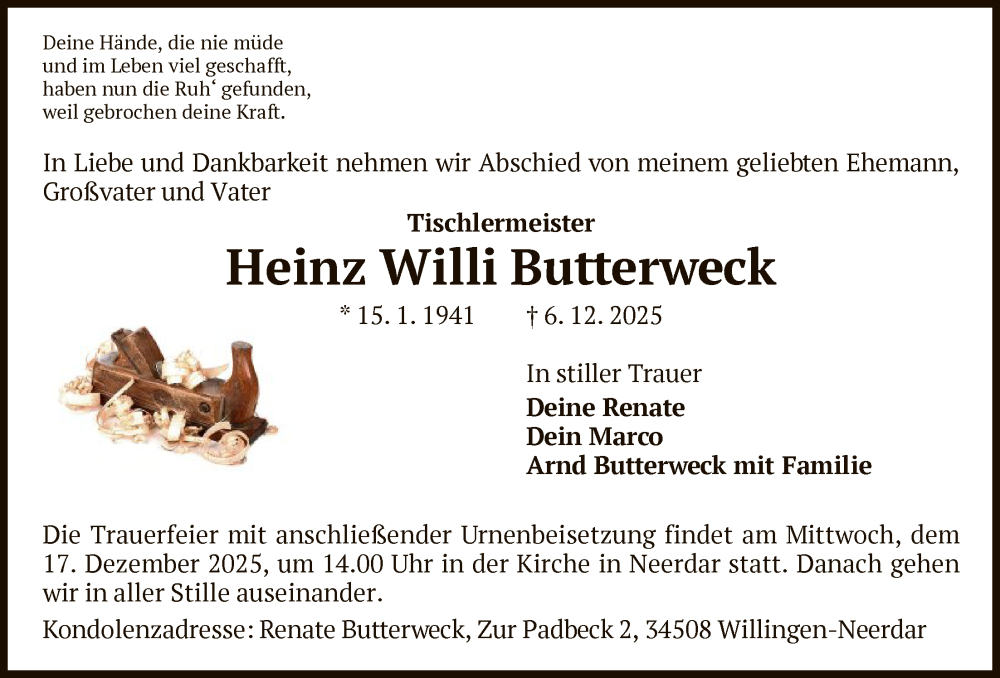  Traueranzeige für Heinz Willi Butterweck vom 11.12.2025 aus WLZ
