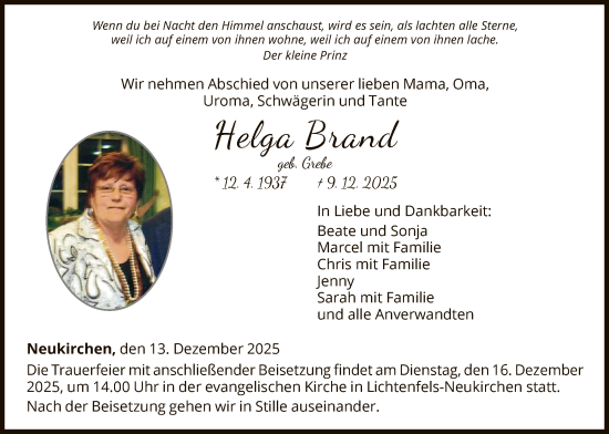 Traueranzeige von Helga Brand von WLZ