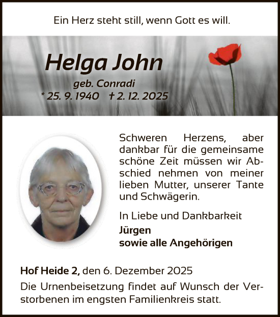 Traueranzeige von Helga John von WLZ
