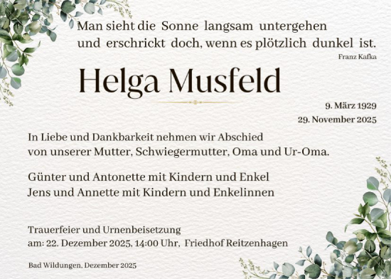 Traueranzeige von Helga Musfeld von WLZ