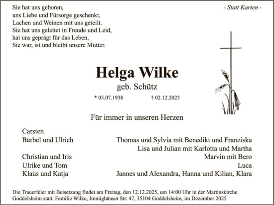 Traueranzeige von Helga Wilke von WLZHNA