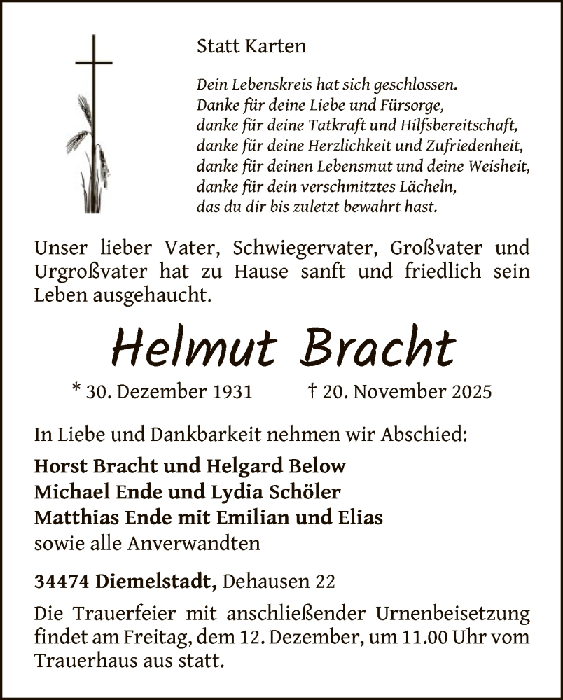  Traueranzeige für Helmut Bracht vom 06.12.2025 aus WLZ