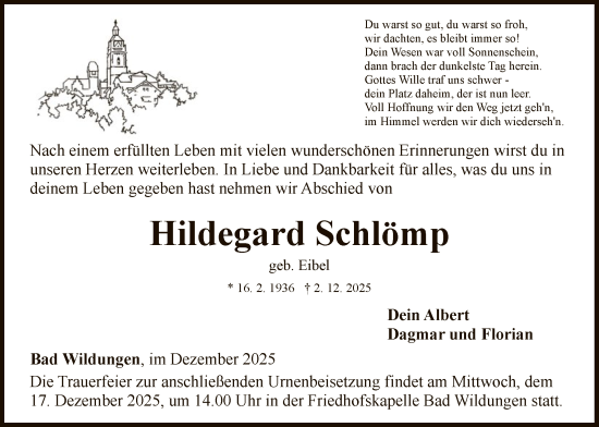 Traueranzeige von Hildegard Schlömp von WLZ