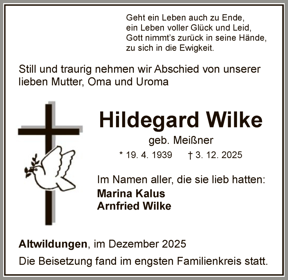  Traueranzeige für Hildegard Wilke vom 20.12.2025 aus WLZ