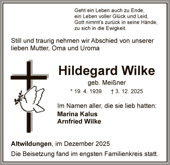 Traueranzeige von Hildegard Wilke von WLZ