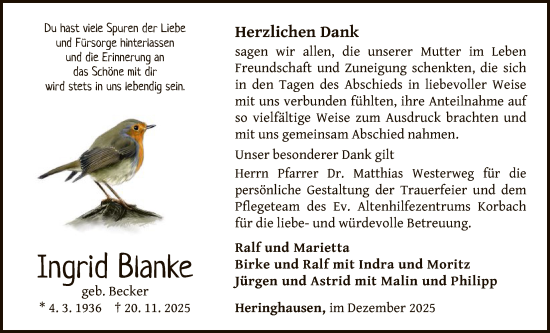Traueranzeige von Ingrid Blanke von WLZ