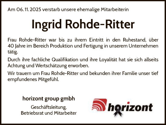 Traueranzeige von Ingrid Rohde-Ritter von WLZ