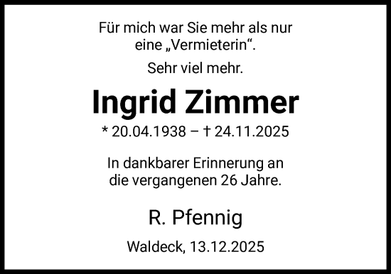 Traueranzeige von Ingrid Zimmer von WLZ