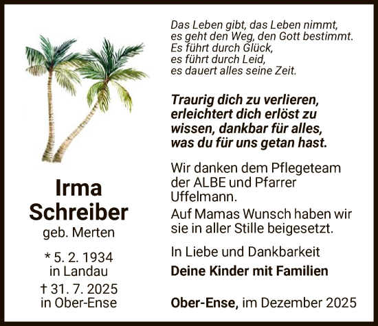 Traueranzeige von Irma Schreiber von WLZ