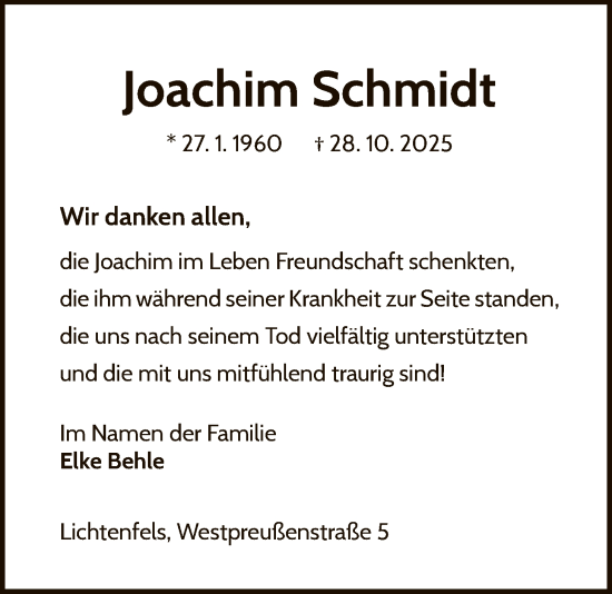 Traueranzeige von Joachim Schmidt von WLZ