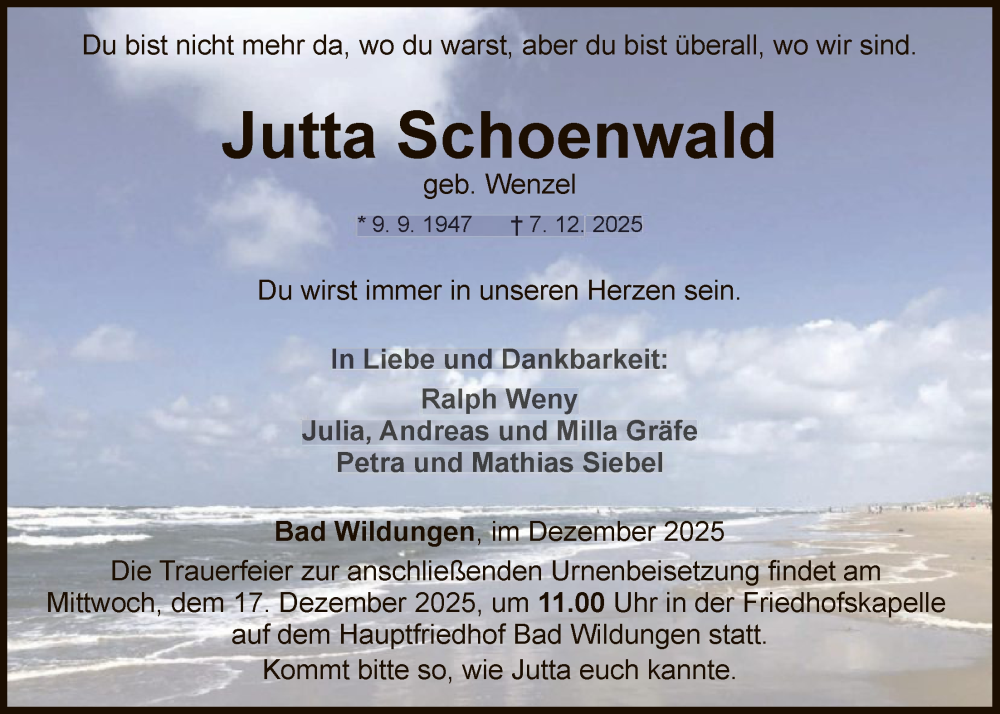  Traueranzeige für Jutta Schoenwald vom 13.12.2025 aus WLZ