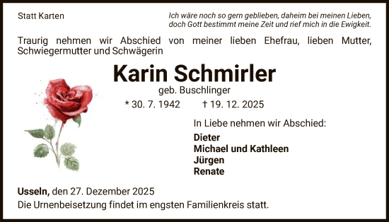 Traueranzeige von Karin Schmirler von WLZ