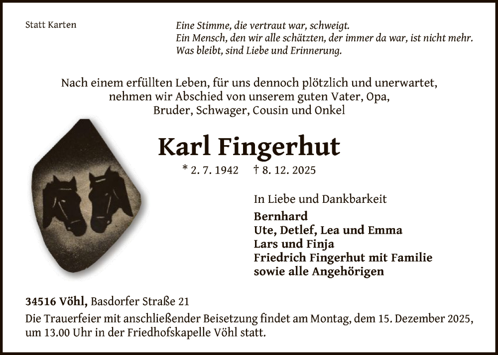  Traueranzeige für Karl Fingerhut vom 12.12.2025 aus WLZ