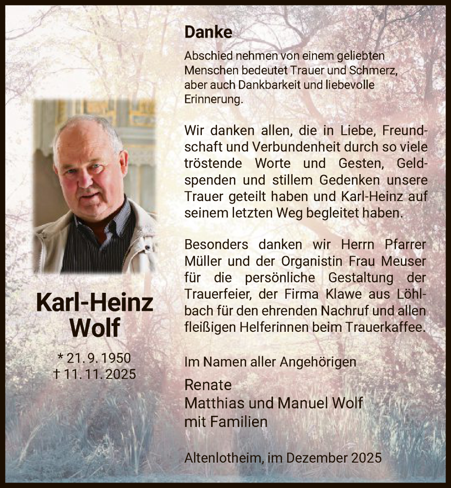  Traueranzeige für Karl-Heinz Wolf vom 20.12.2025 aus HNAWLZ