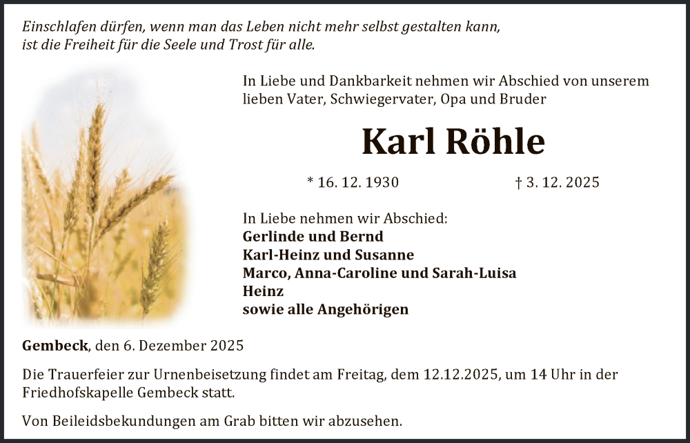  Traueranzeige für Karl Röhle vom 06.12.2025 aus WLZ