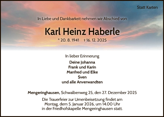 Traueranzeige von Karl Heinz Haberle von WLZ