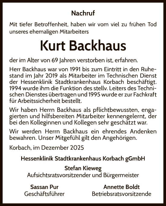 Traueranzeige von Kurt Backhaus von WLZ
