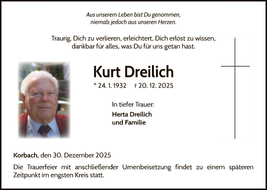 Traueranzeige von Kurt Dreilich von WLZ