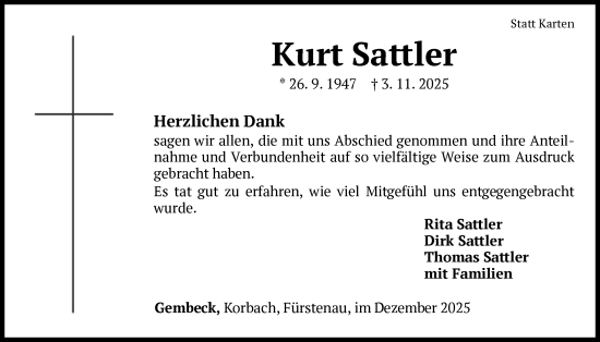 Traueranzeige von Kurt Sattler von WLZ