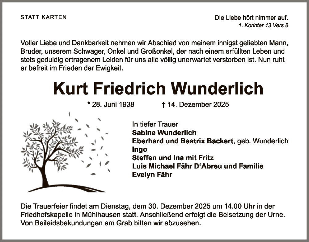  Traueranzeige für Kurt Friedrich Wunderlich vom 20.12.2025 aus WLZ