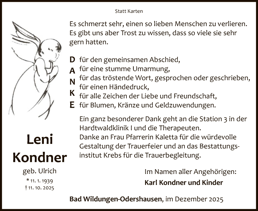  Traueranzeige für Leni Kondner vom 06.12.2025 aus WLZHNA