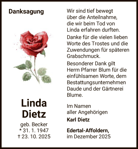 Traueranzeige von Linda Dietz von WLZ
