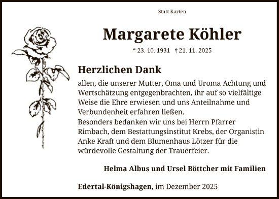 Traueranzeige von Margarete Köhler von WLZ