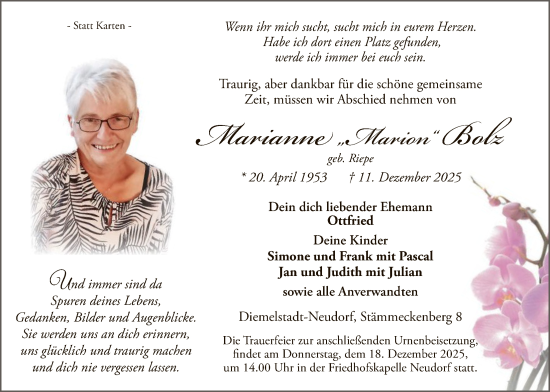 Traueranzeige von Marianne Bolz von WLZ