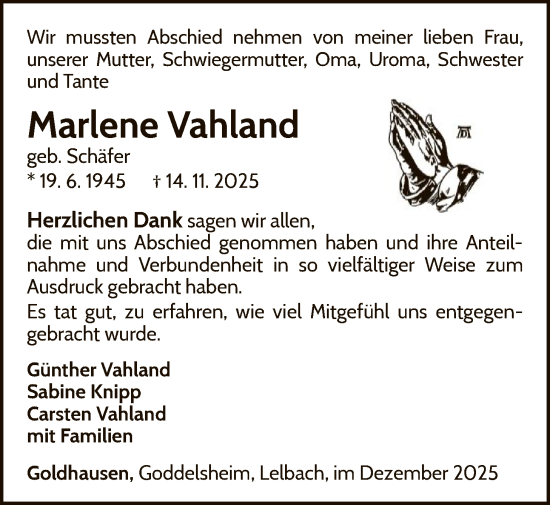 Traueranzeige von Marlene Vahland von WLZ