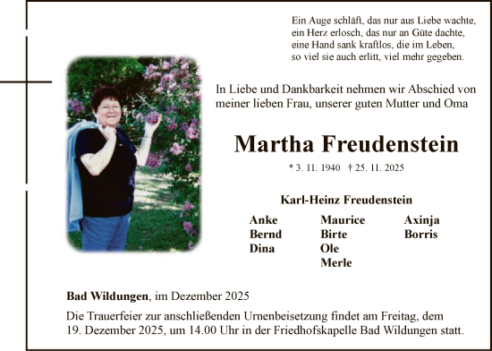 Traueranzeige von Martha Freudenstein von WLZ