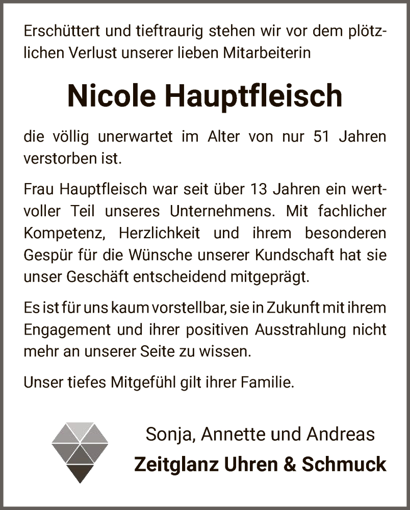  Traueranzeige für Nicole Hauptfleisch vom 20.12.2025 aus WLZ
