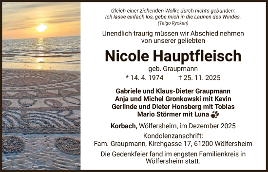 Traueranzeige von Nicole Hauptfleisch von WLZ
