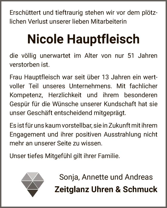 Traueranzeige von Nicole Hauptfleisch von WLZ
