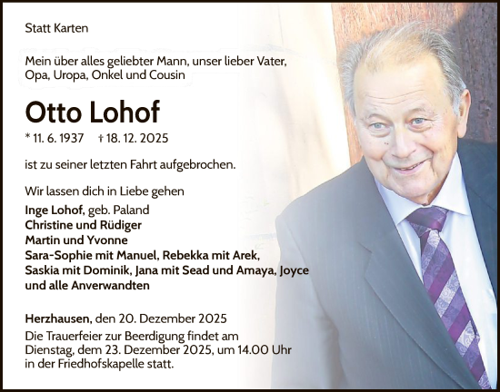Traueranzeige von Otto Lohof von WLZHNA
