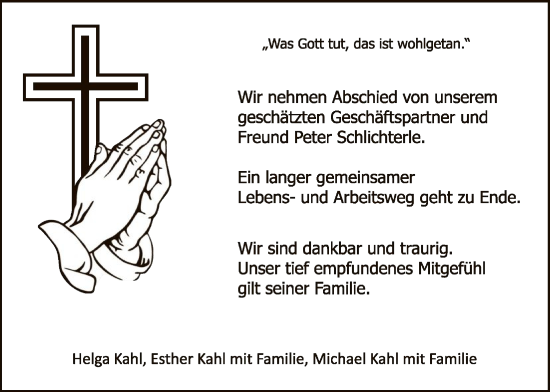 Traueranzeige von Peter Schlichterle von HNAWLZ