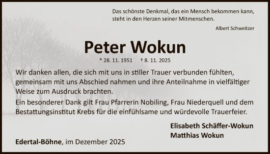 Traueranzeige von Peter Wokun von WLZ