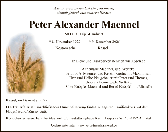 Traueranzeige von Peter Alexander Maennel von WLZ