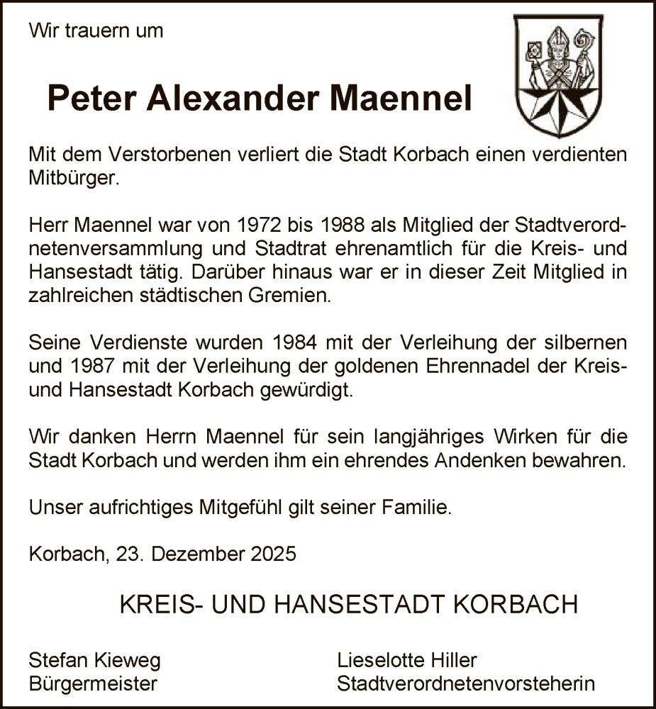  Traueranzeige für Peter Alexander Maennel vom 23.12.2025 aus WLZ