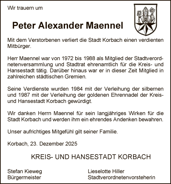 Traueranzeige von Peter Alexander Maennel von WLZ