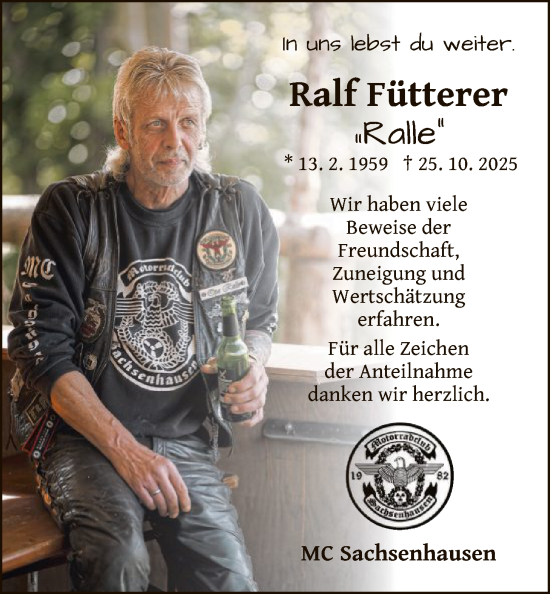 Traueranzeige von Ralf Fütterer von WLZ