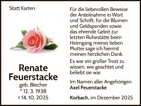 Traueranzeige von Renate Feuerstacke von WLZ