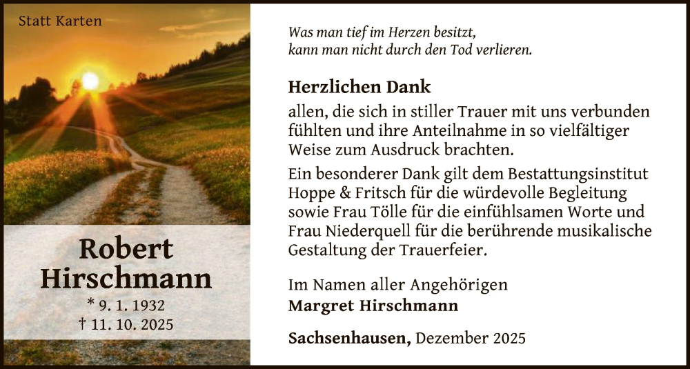  Traueranzeige für Robert Hirschmann vom 13.12.2025 aus WLZ