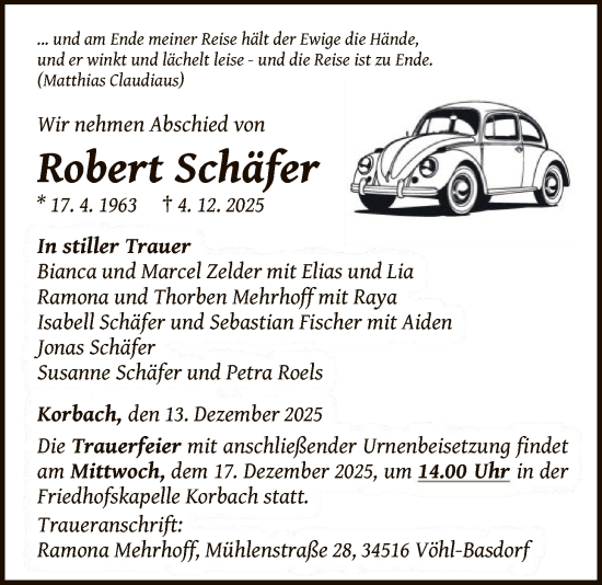 Traueranzeige von Robert Schäfer von WLZ