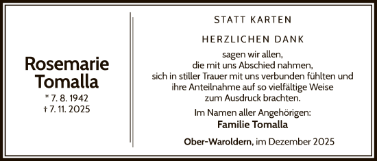 Traueranzeige von Rosemarie Tomalla von WLZ