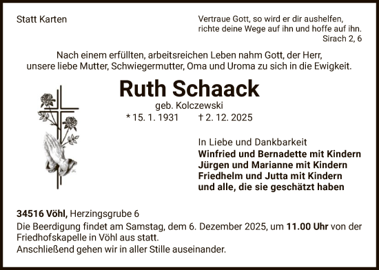 Traueranzeige von Ruth Schaack von WLZ