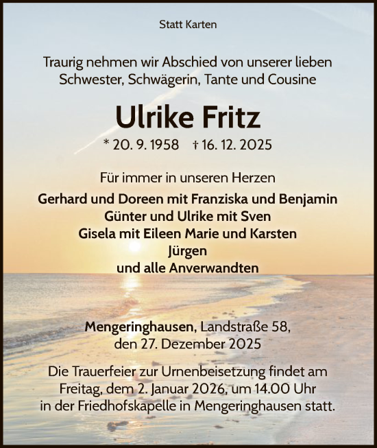 Traueranzeige von Ulrike Fritz von WLZ